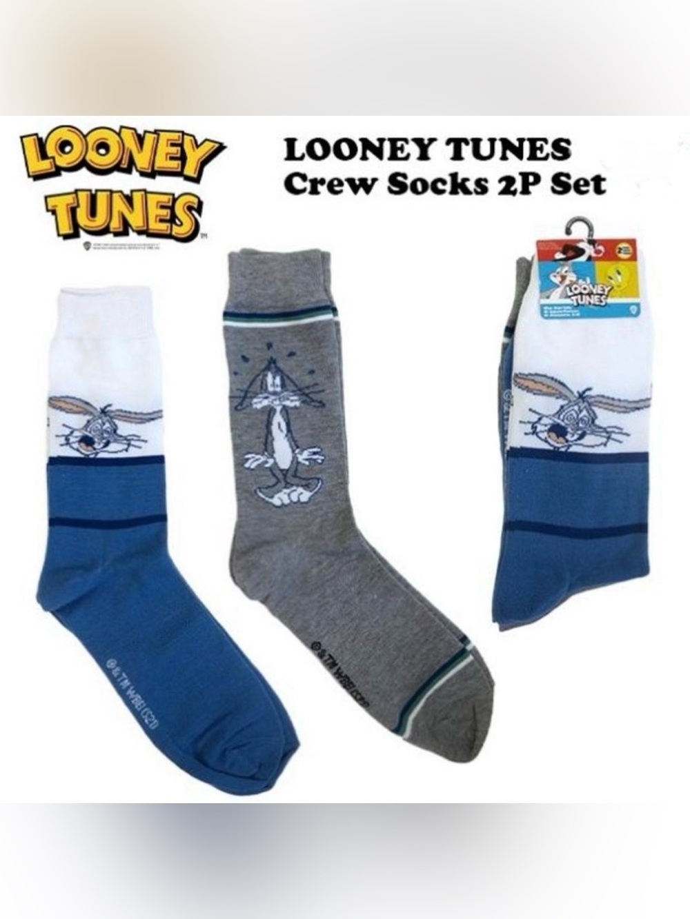 Looney Tunes Officially Licensed 2-Pack of Men’s Crew Socks - Shoe Size 6-12